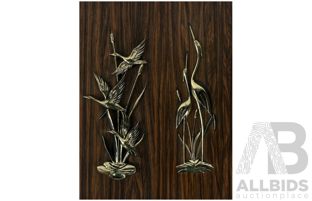 Birds in Flight & Pair of Cranes, Pair of Mid-Century Faux Wood & Moulded Plastic Wall Hangings, 36 x 14 cm (edge to edge) (2)