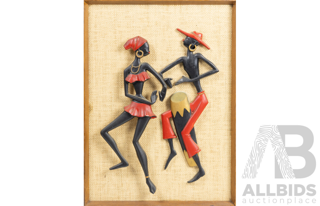Artist Unknown, (20th Century), Conga Man & Dancing Lady, Mid-Century Painted Resin Mounted to Woven Rattan Wooden Base Board, 58 x 43 cm (frame)