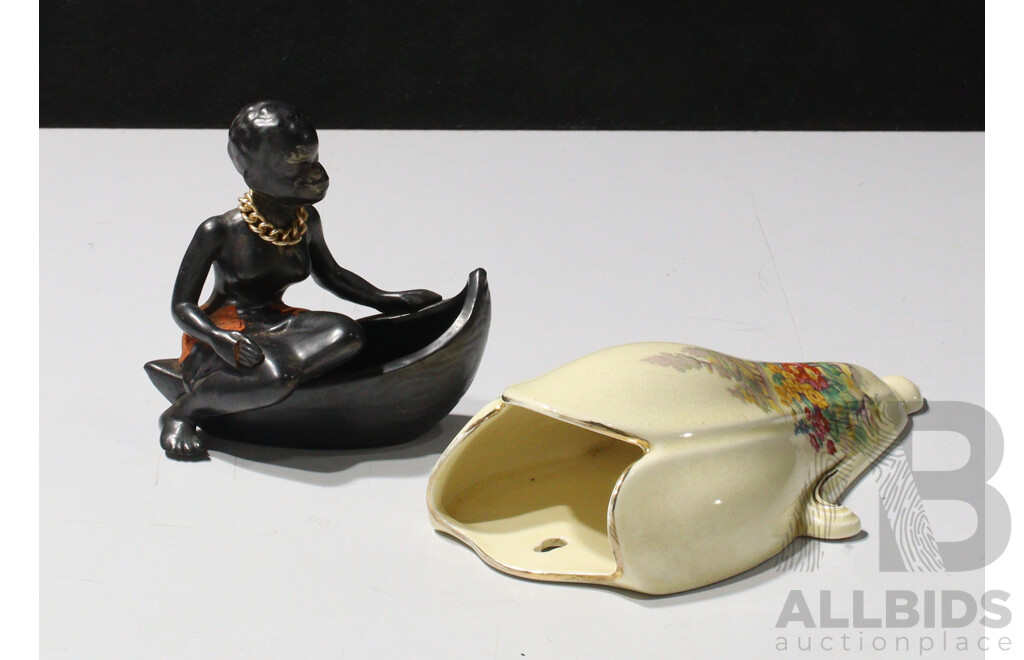 Retro Kitsch Black Lady Cermaic Figure Along with Royal Winton Porcelain Wall Pocket Vase
