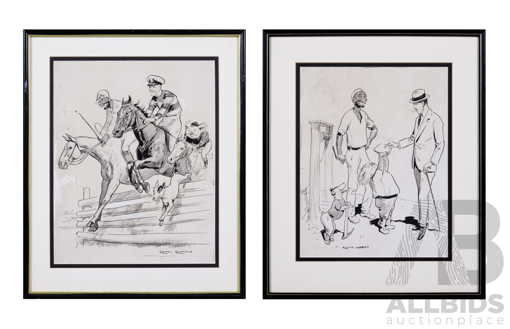 Lionel Lindsay, (20th Century, Australian, 1874-1961), Chunder Loo Steeplchasing with Prince & Offering Prince Gold?, Pair of Original Pen, Brush, Inks and Crayon on Paper, 58 x 48 cm (frames) (2)