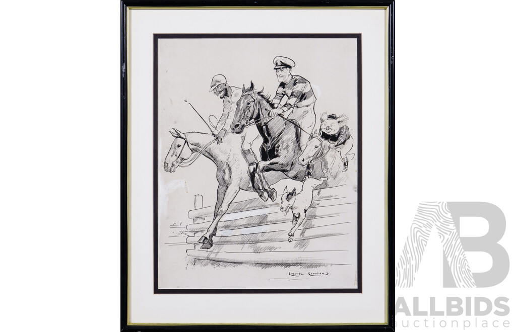 Lionel Lindsay, (20th Century, Australian, 1874-1961), Chunder Loo Steeplchasing with Prince & Offering Prince Gold?, Pair of Original Pen, Brush, Inks and Crayon on Paper, 58 x 48 cm (frames) (2)