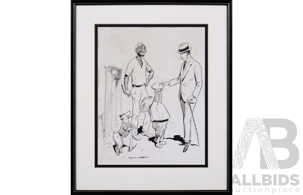 Lionel Lindsay, (20th Century, Australian, 1874-1961), Chunder Loo Steeplchasing with Prince & Offering Prince Gold?, Pair of Original Pen, Brush, Inks and Crayon on Paper, 58 x 48 cm (frames) (2)