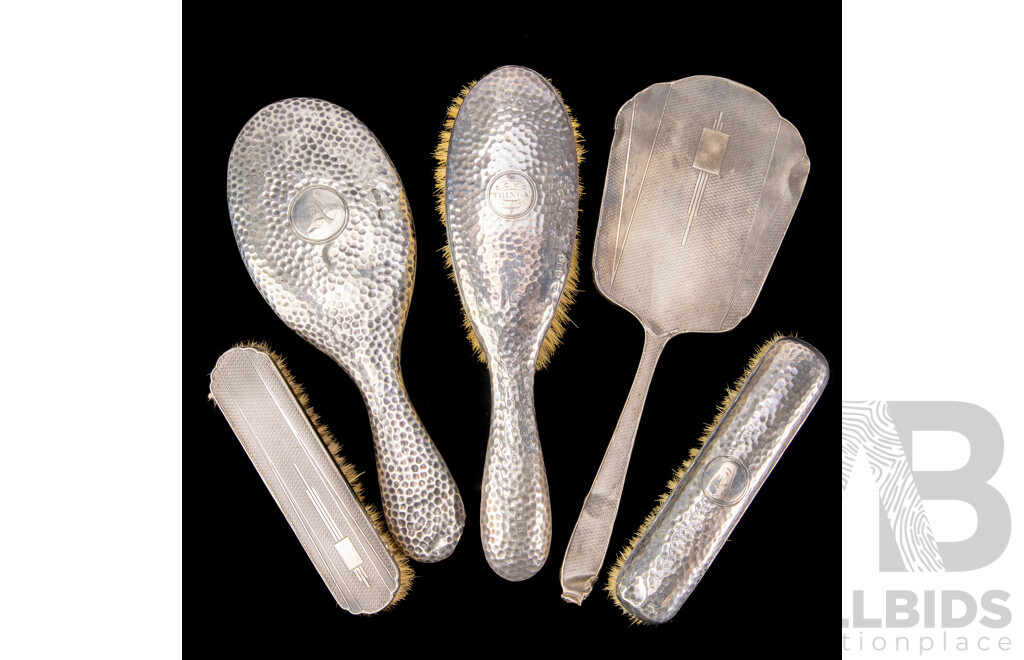 Set Three Sterling Silver Vanity Dressing Table, London 1902 Items Along with Another Mirror & Brush, Birmingham 1937