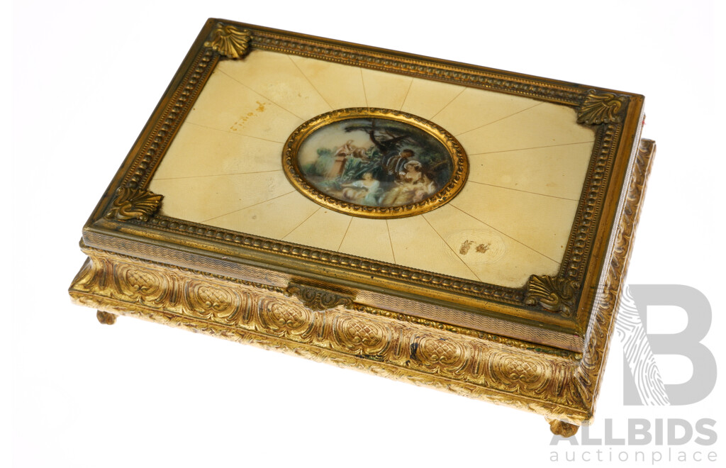 Vintage Italian Made Pressed Metal Box with Hand Painted Classical Scene to Top