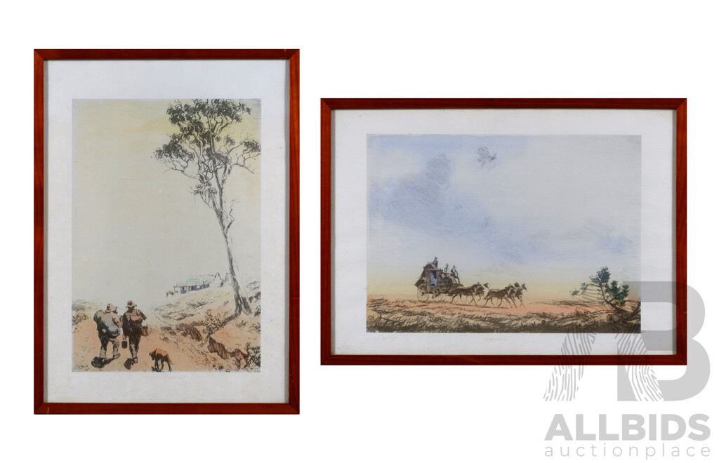 Lionel Lindsay, (Late 19th/Early 20th Century, Australian, 1874-1961), Shanty on the Rise & Cobb and Co, Pair of Lovely Enlarged Facsimile Etchings with Aquatints, Limited Editions, 45 x 61 cm (frame) (2)