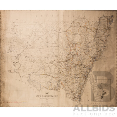 Antique Map of New South Wales Including Lord Howe Island, Hand Coloured Roads, Canvas & Ink, 141 x 118 cm (edge to Edge)