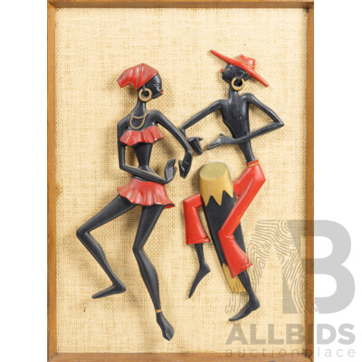 Artist Unknown, (20th Century), Conga Man & Dancing Lady, Mid-Century Painted Resin Mounted to Woven Rattan Wooden Base Board, 58 x 43 cm (frame)