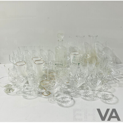 Large Collection Stem Ware Including Wine Glasses, Coupes, Irish Coffee Glasses, Cut Glass Decanter with Stopper and More