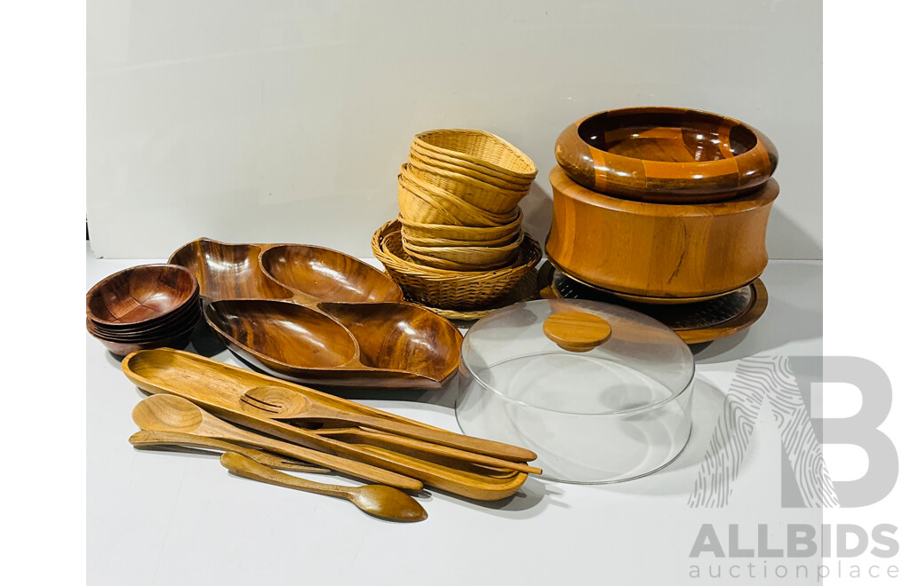 Collection Retro Wooden Serving Ware Including Danish Digsmed Large Serving Bowl, Cane Baskets and More