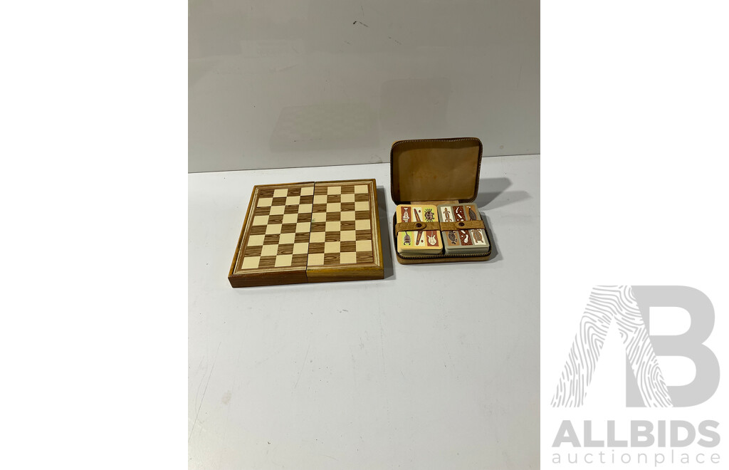 Chess Set with Fold Out Board and All Pieces Along with Two Decks Playing Cards in Steer Hide Leather Case