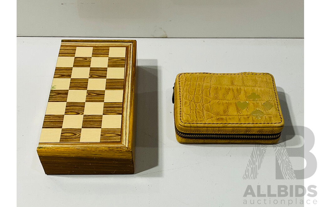 Chess Set with Fold Out Board and All Pieces Along with Two Decks Playing Cards in Steer Hide Leather Case