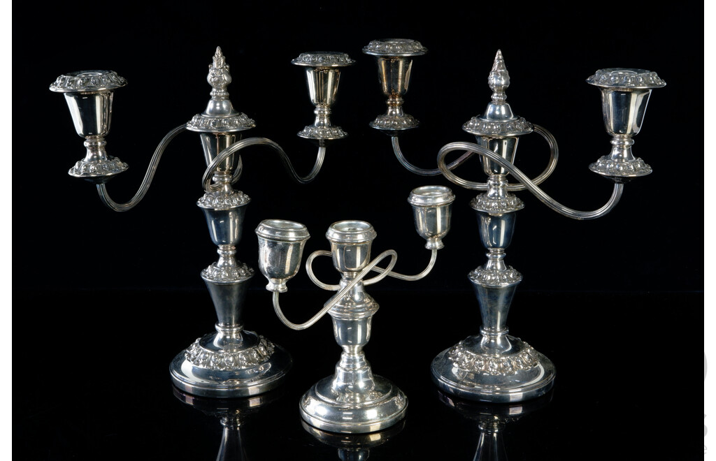 Pair Hecworth Silver Plate Two Branch Candelabra with Flamiform Finial Along with Another Smaller Example