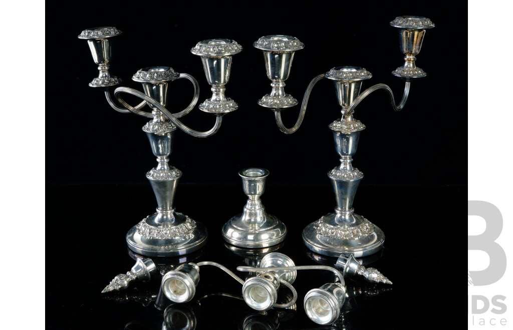 Pair Hecworth Silver Plate Two Branch Candelabra with Flamiform Finial Along with Another Smaller Example