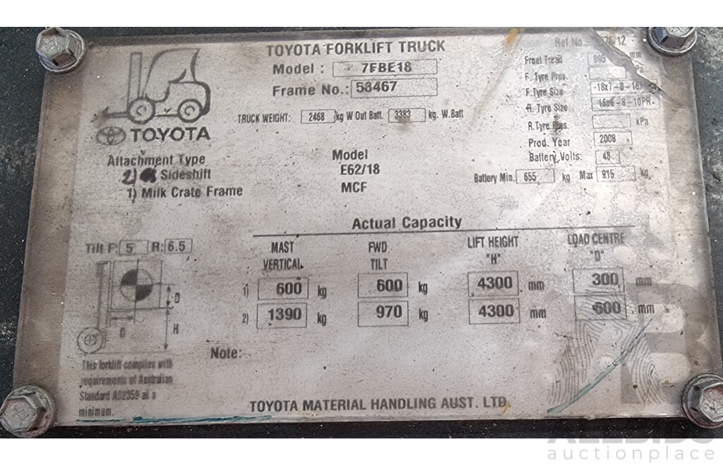 2008 Toyota 7FBE-18 Electric Forklift