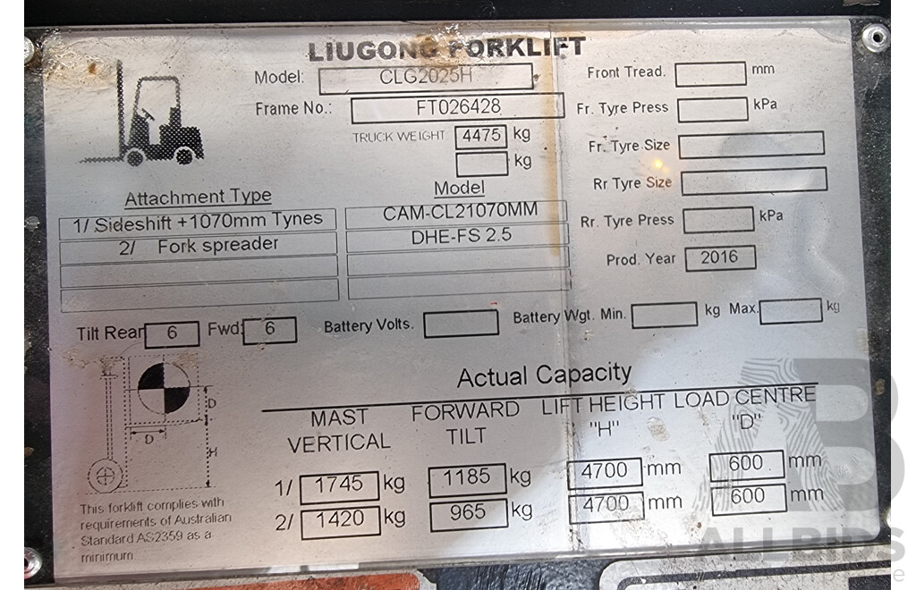 2016 Luigong CLG2025 ALH494 2.5 Tonne LPG Forklift 4.7m FSV