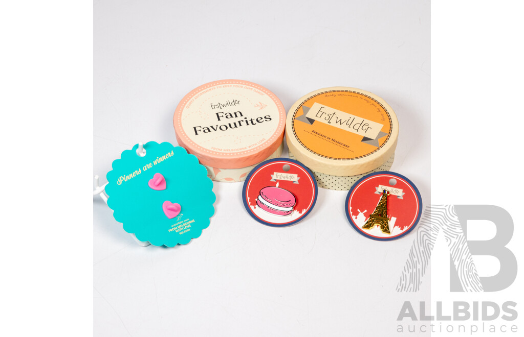 Erstwilder Collection of (2) Resin Brooches & (3) Enamel Pin Brooches, All New with Original Boxes and Tags