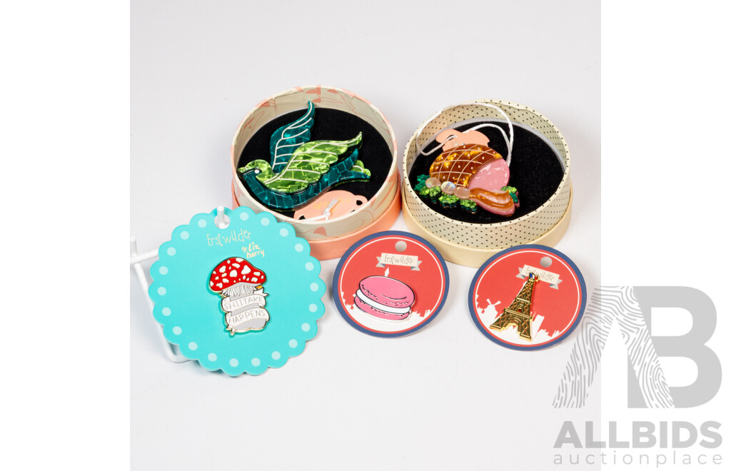 Erstwilder Collection of (2) Resin Brooches & (3) Enamel Pin Brooches, All New with Original Boxes and Tags