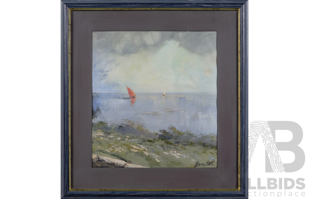 Marc Arel, (20th Century, French), Untitled - Yachts at Sea, Oil on Canvas Under Glass, 48 x 45 cm (frame)