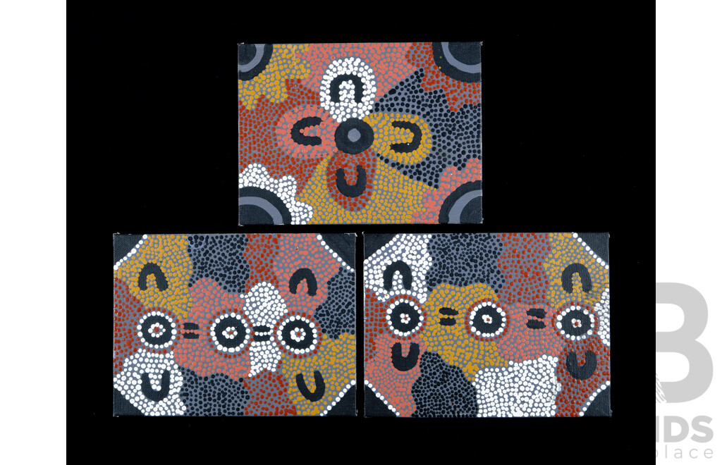 Molye Teaney, (20th Century, Indigenous-Australian), Watiku - Mens Dreaming, Trio of Acrylics on Miniature Canvas Boards, 15 x 20 cm (each) (3)