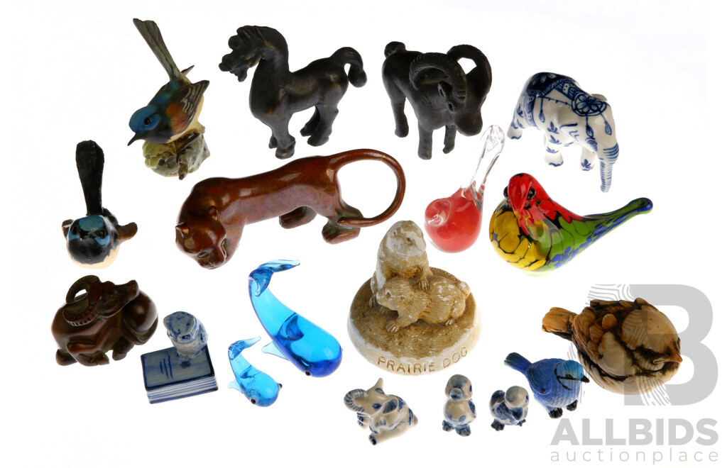 Collection Animal Themed Decorative Items Including Glass Bird by Eamonn Vereker, Cast Metal Antelope & Horse Figures, Hand Carved Water Buffalo Netsuke and More