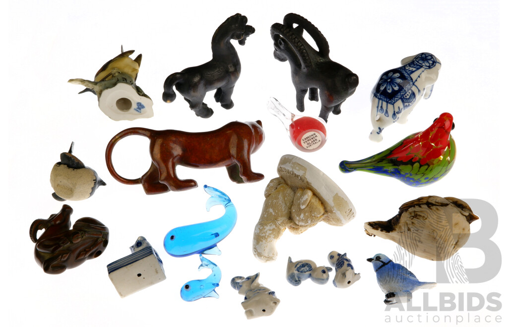 Collection Animal Themed Decorative Items Including Glass Bird by Eamonn Vereker, Cast Metal Antelope & Horse Figures, Hand Carved Water Buffalo Netsuke and More