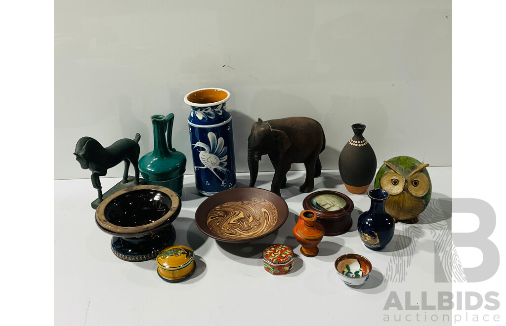 Collection Decorator Wares Including Wooden Elephant, Bronze Horse, CHinese Marbled Pottery Bowl and More