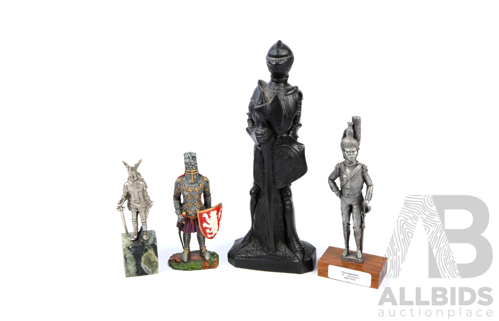 Collection Four Knights Figures Including Three Metal Examples and One on Marble Base