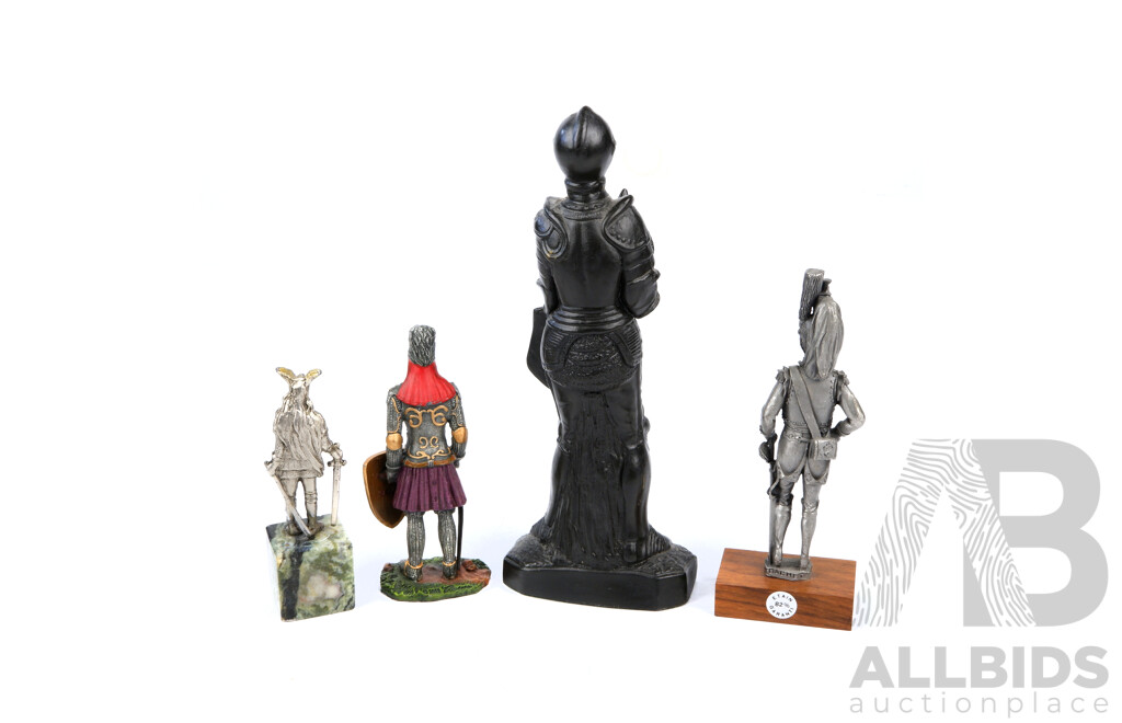 Collection Four Knights Figures Including Three Metal Examples and One on Marble Base