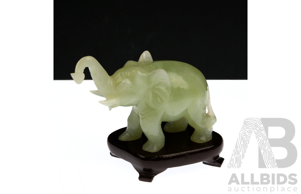 Hand Carved Green Hardstone Elephant Figure on Carved Wooden Stand