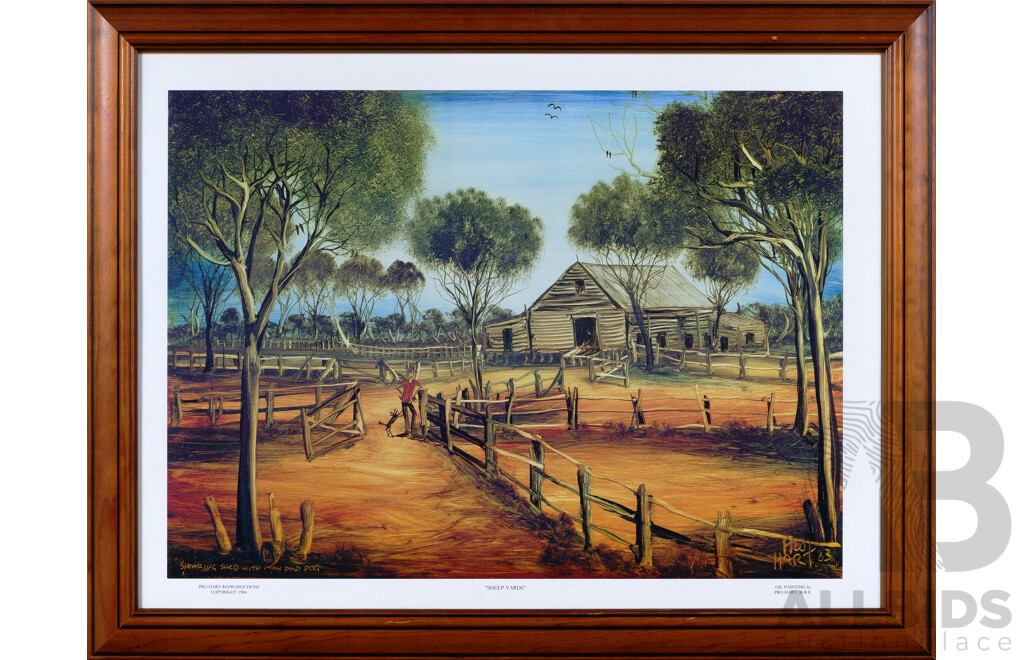 Pro Hart, (20th Century, Australian, 1928-2006), Shearing Shed with Man and Dog, Colour Print of Original Oil, 53 X 68 Cm (frame)