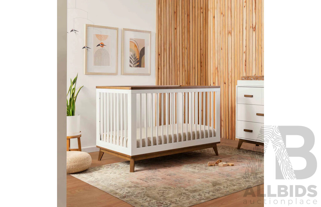 BABYLETTO Scoot 3 in 1 Convertible Cot - White-Natural-Walnut - ORP $849 - Brand New