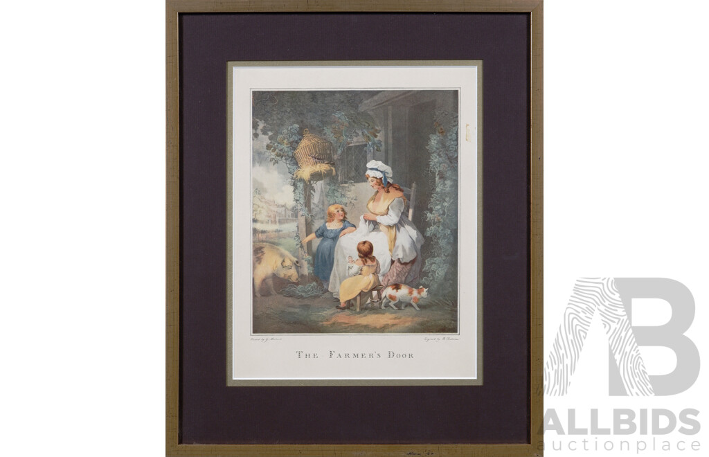 After George Morland (British, 1763-1804) Engraving by Benjamin Duterrau (British-Australian, 1768-1851), the Farmer's Door & the Squire's Door, Vintage Prints of Original Hand Coloured Engravings, 45 x 37 cm (frames) (2)