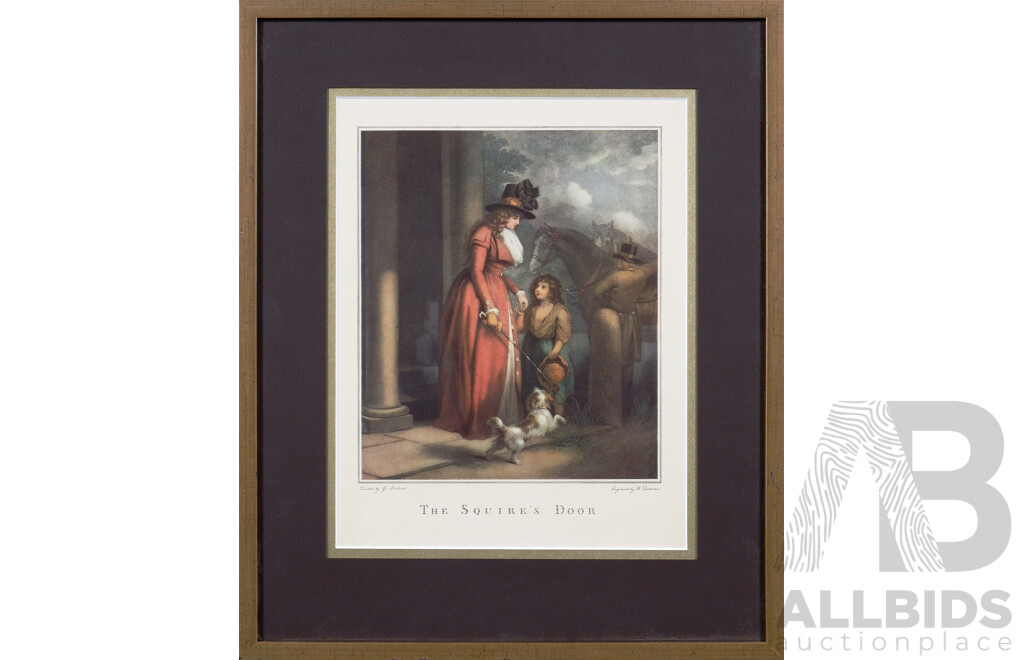 After George Morland (British, 1763-1804) Engraving by Benjamin Duterrau (British-Australian, 1768-1851), the Farmer's Door & the Squire's Door, Vintage Prints of Original Hand Coloured Engravings, 45 x 37 cm (frames) (2)