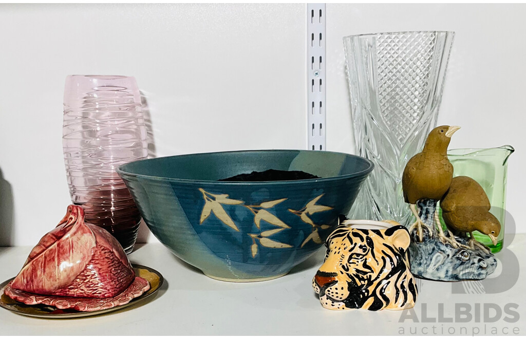 Collection Decorator Pieces Including Large Cut Glass Vase, Chinese Pottery Quail Sculpture and More