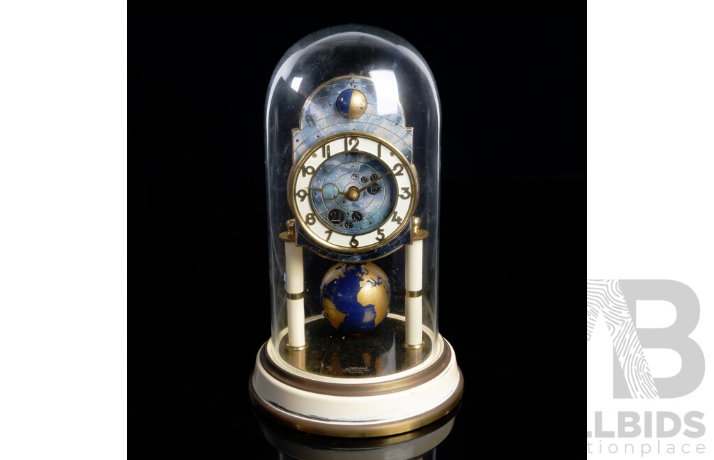 Kaiser Universe German 400 Day Glass Dome Clock with Skeleton Movement Raised on Pair Columns, Moonphase with Terrestrial Globe Pendulum, Circa 1954