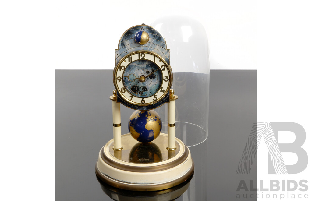 Kaiser Universe German 400 Day Glass Dome Clock with Skeleton Movement Raised on Pair Columns, Moonphase with Terrestrial Globe Pendulum, Circa 1954