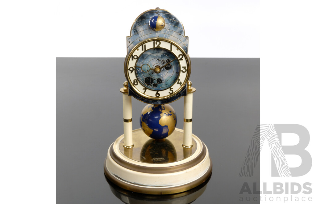 Kaiser Universe German 400 Day Glass Dome Clock with Skeleton Movement Raised on Pair Columns, Moonphase with Terrestrial Globe Pendulum, Circa 1954