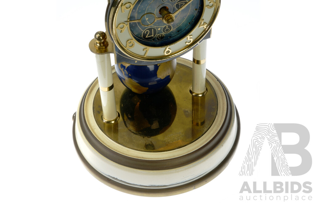 Kaiser Universe German 400 Day Glass Dome Clock with Skeleton Movement Raised on Pair Columns, Moonphase with Terrestrial Globe Pendulum, Circa 1954