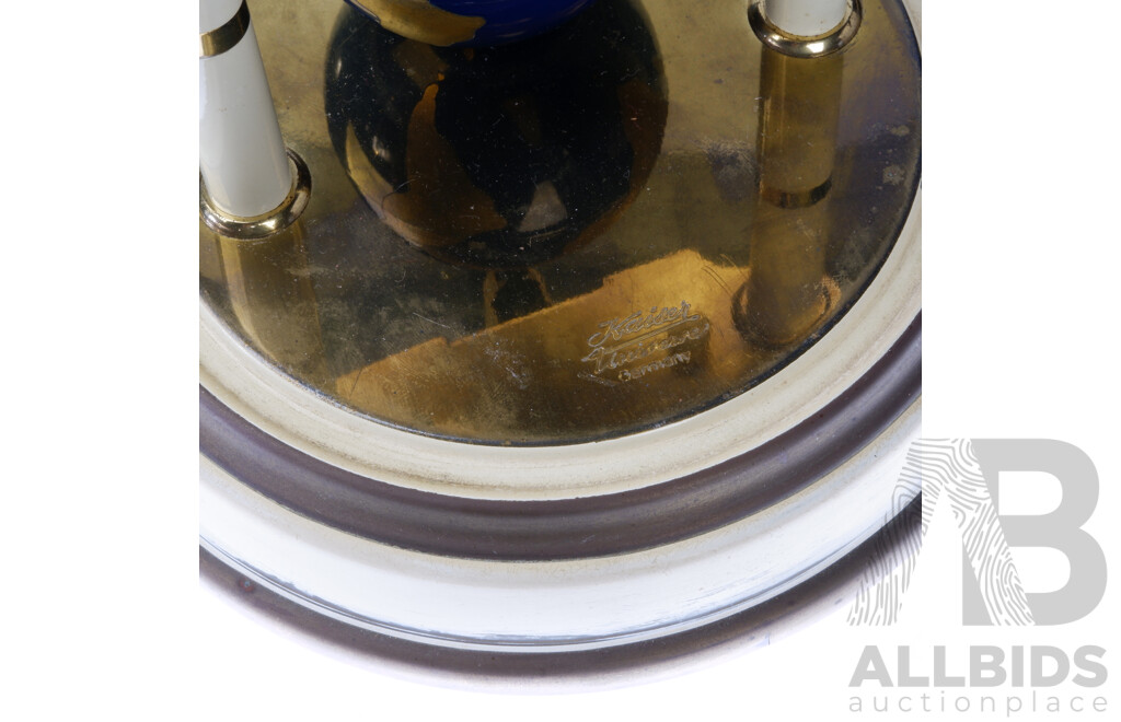 Kaiser Universe German 400 Day Glass Dome Clock with Skeleton Movement Raised on Pair Columns, Moonphase with Terrestrial Globe Pendulum, Circa 1954