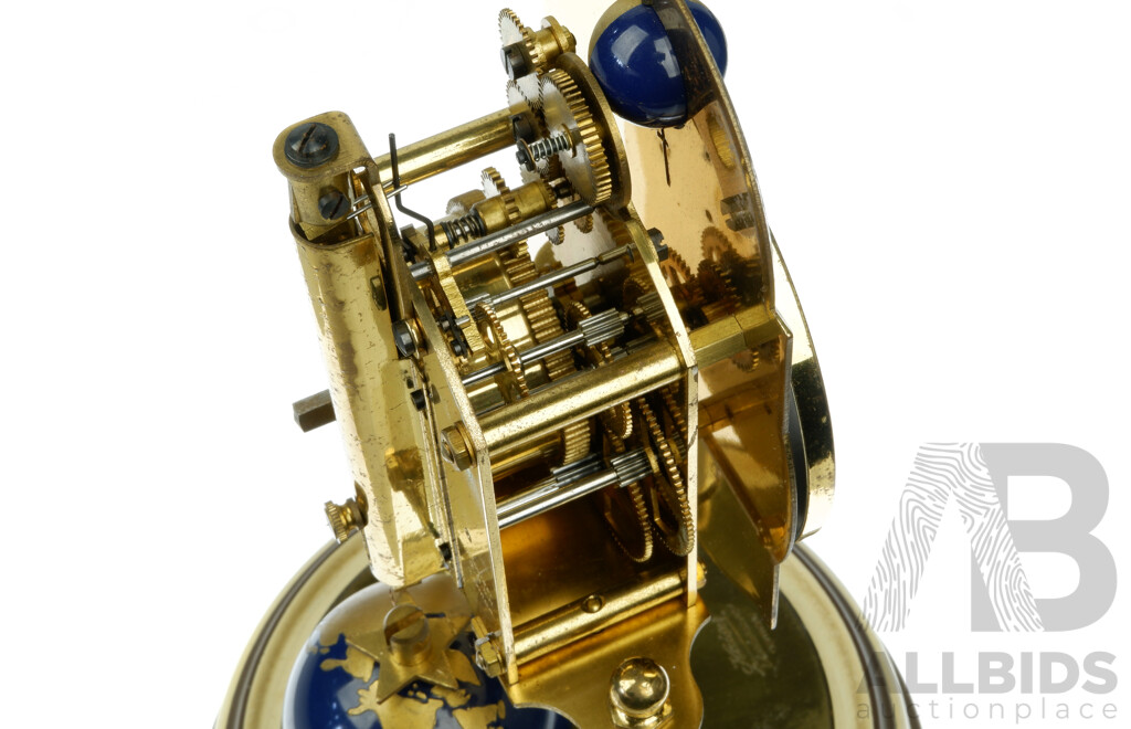 Kaiser Universe German 400 Day Glass Dome Clock with Skeleton Movement Raised on Pair Columns, Moonphase with Terrestrial Globe Pendulum, Circa 1954