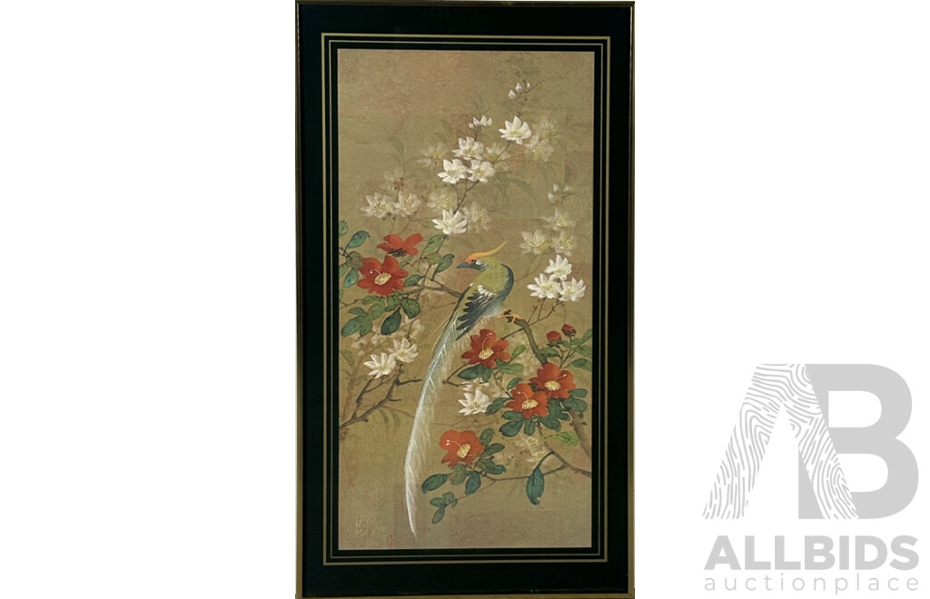 Artist Unknown, Asian Song Birds Amongst the Flowers, Coloured Prints, 90 x 49 cm (frames) (2)