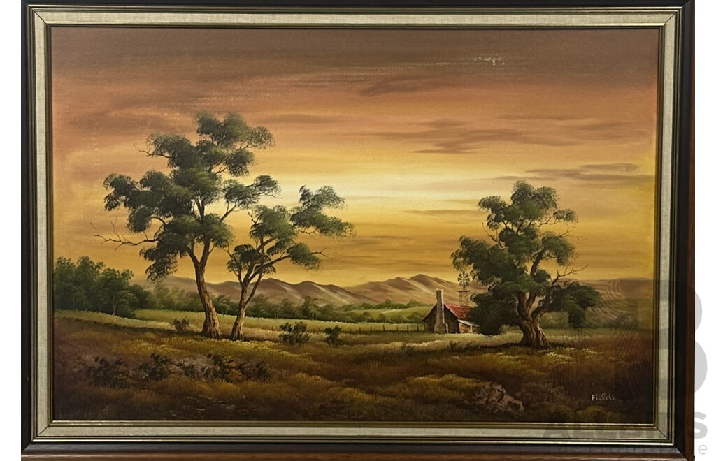Fields, (20th Century), Secluded Bush House and Windmill, Vintage Oil on Canvas, 71 x 102 cm (frame)