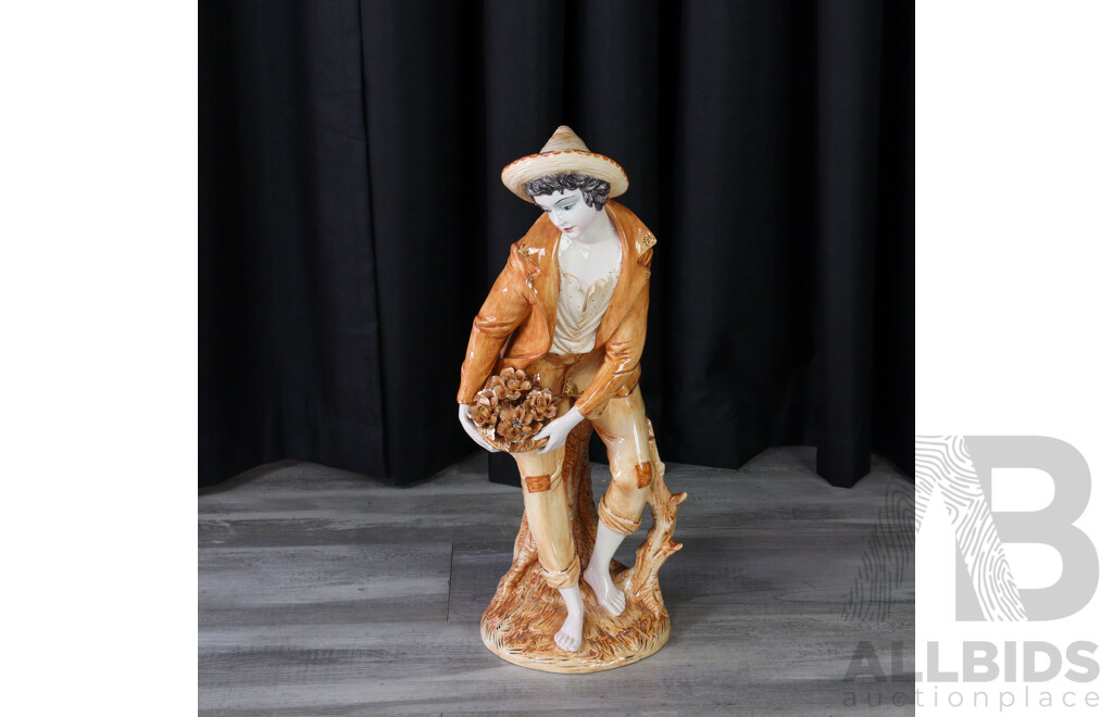 Italian Glazed Ceramic Flower Seller Statue