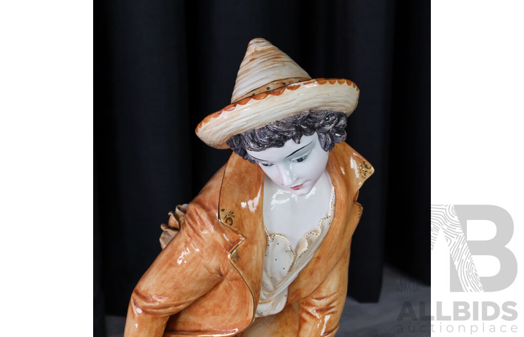 Italian Glazed Ceramic Flower Seller Statue