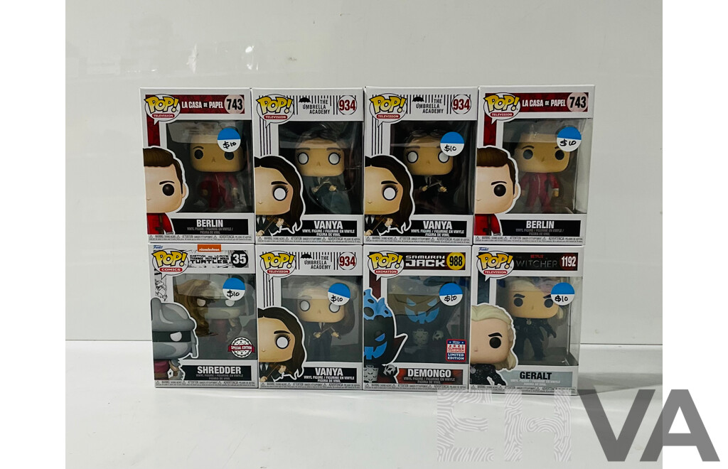 Collection of Eight Funko Pop Vinyl Figures From Several TV Shows Including the Witcher, the Umbrella Academy, Samurai Jack and More in Original Packaging
