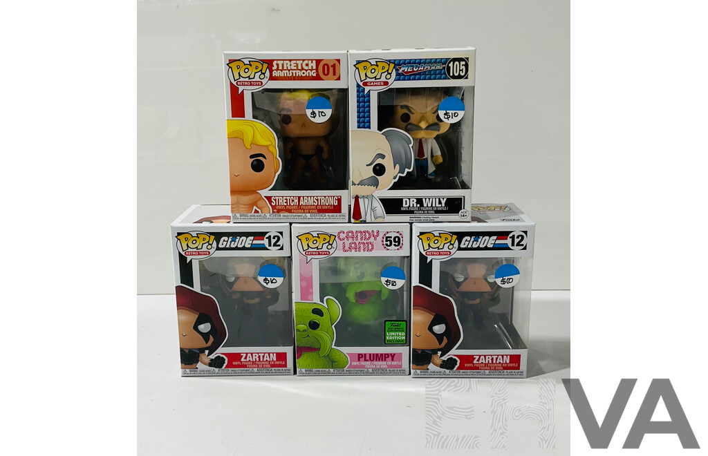 Collection of Five Funko Pop Vinyl Figures From Retro Games and Toys Including Stretch Armstrong, Zartan From G.I.joe and More in Original Packaging