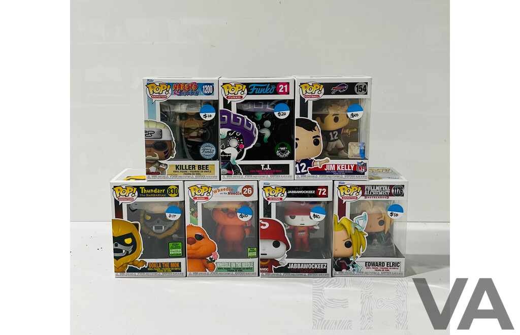 Collection of Seven Funko Pop Vinyl Figures Including Jim Kelly, Edward Elric, Jabbawockeez and More in Original Packaging