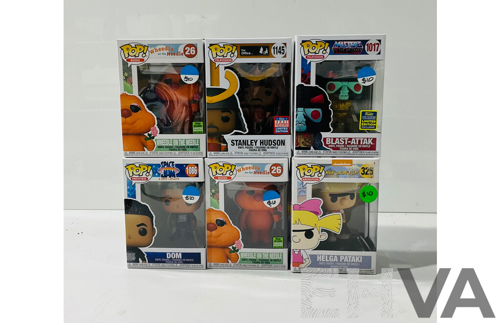 Collection of Six Funko Pop Vinyl Figures Including Stanley Hudson, Blast-attak, Wheedle on the Needle and More in Original Packaging
