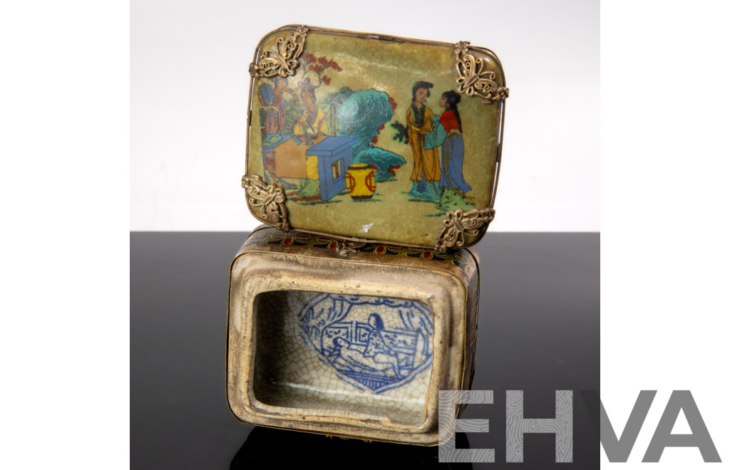 Chinese Antique Style Porcelain Canton Enamel Export Lidded Box with Crackle Glaze Butterfly & Dragon Themed Metal Mounts and Erotic Scene to Interior