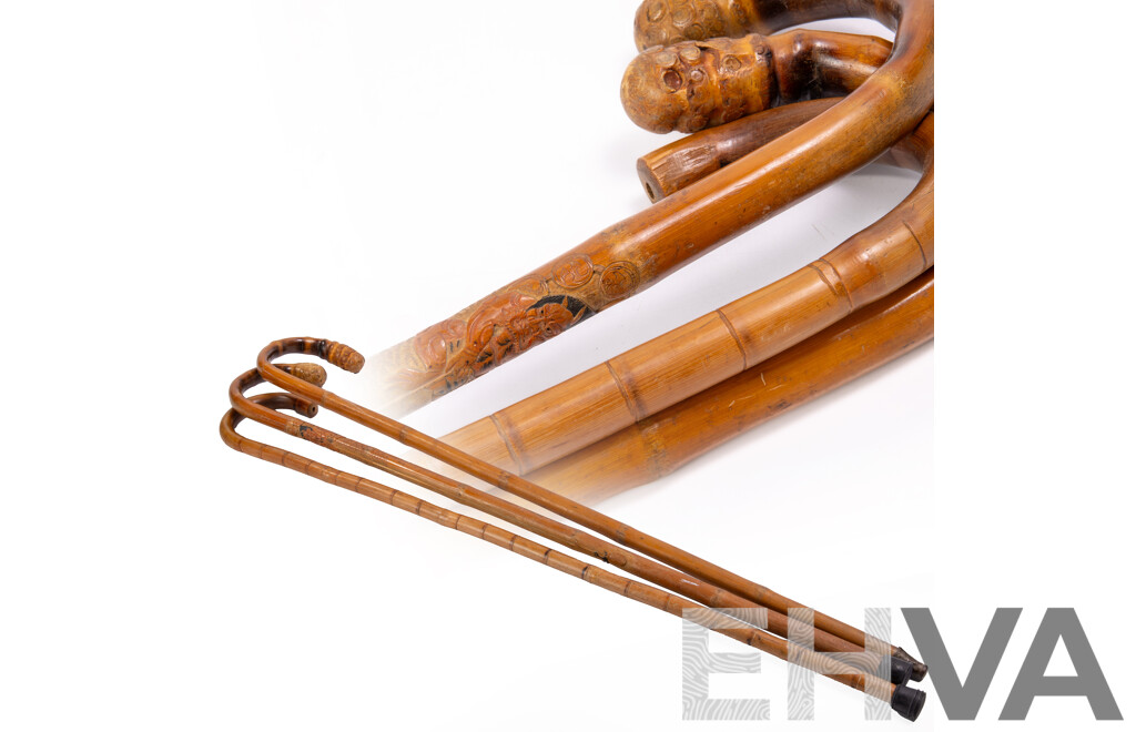 Collection Thee Hand Carved Asian Bamboo Walking Sticks Including Example with Demon Motif Detail